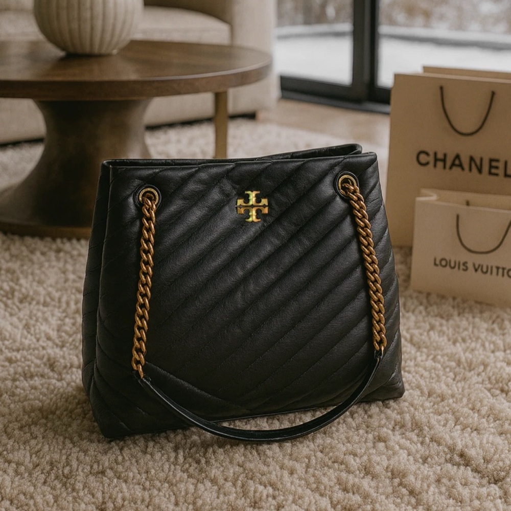 NEW Tory Burch Kira Chevron Black Quilted Leather Large Chain Tote Bag